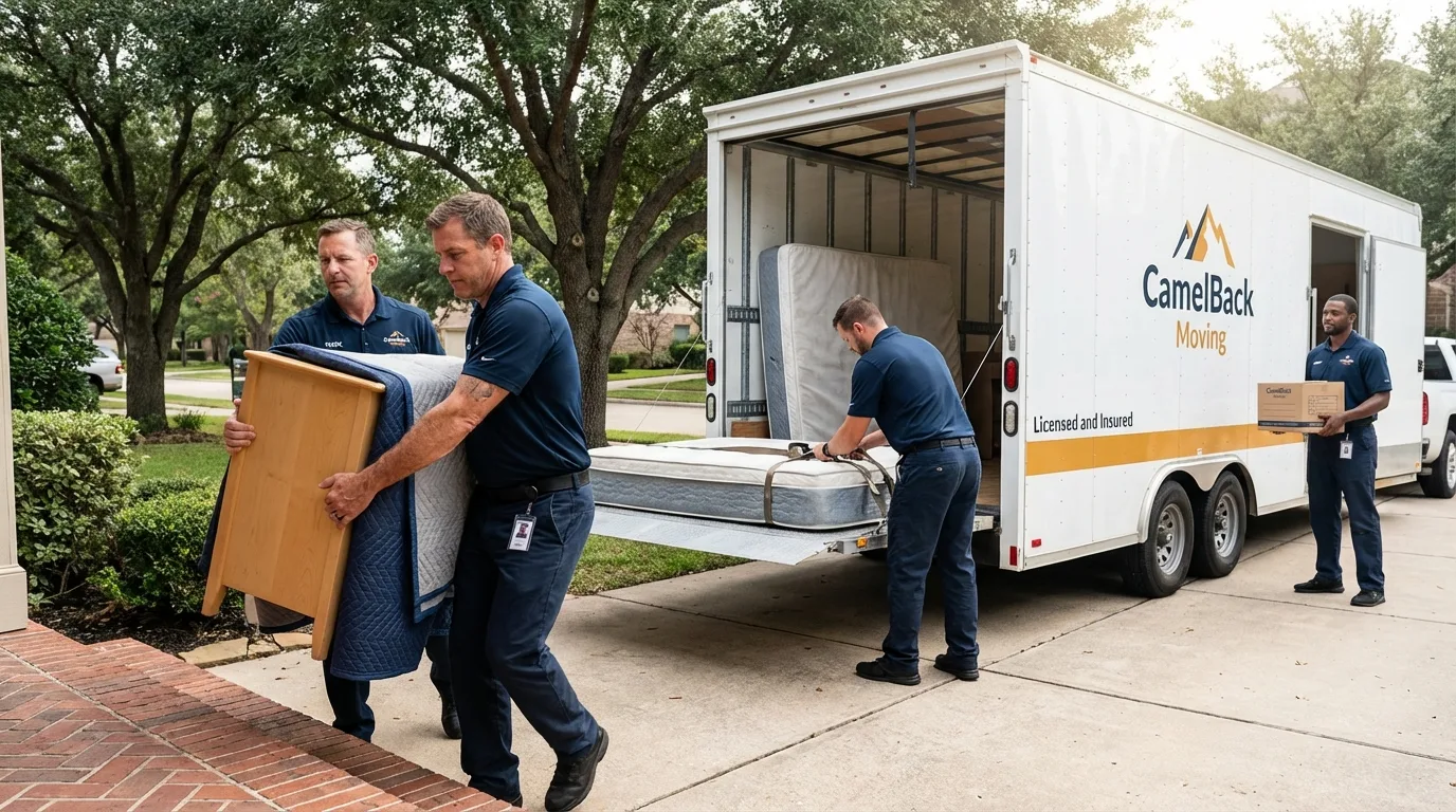 Crew loading residential truck for cross-state move from Newark, CA
