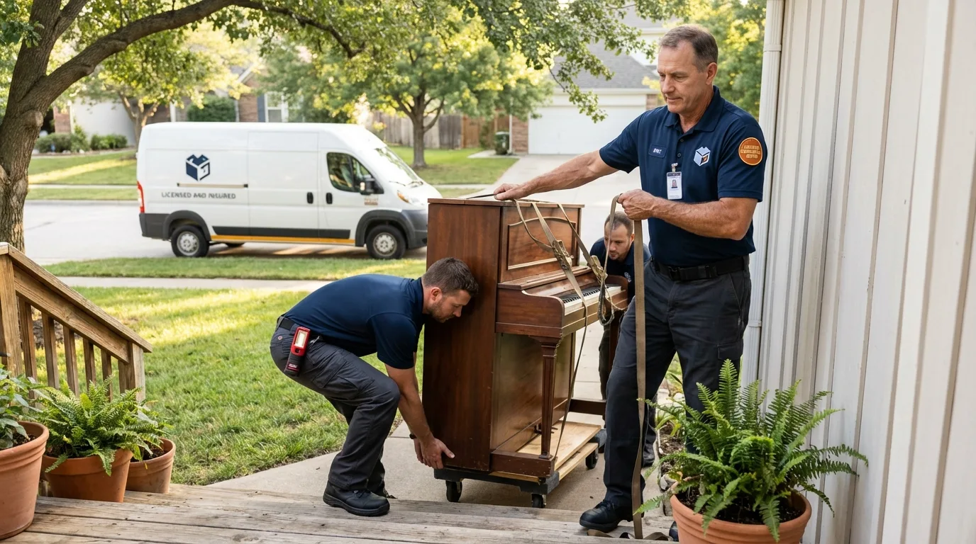Licensed piano movers securing grand piano in Newark, CA