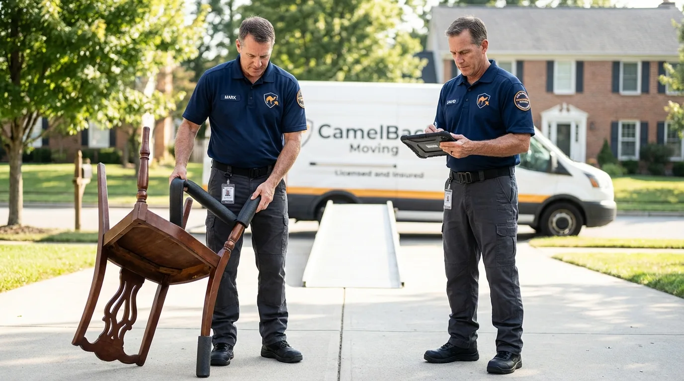 Movers inspecting furniture for damage prevention before loading in Newark, CA