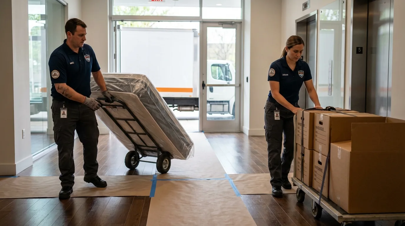 Professional apartment movers loading elevator in Newark, CA